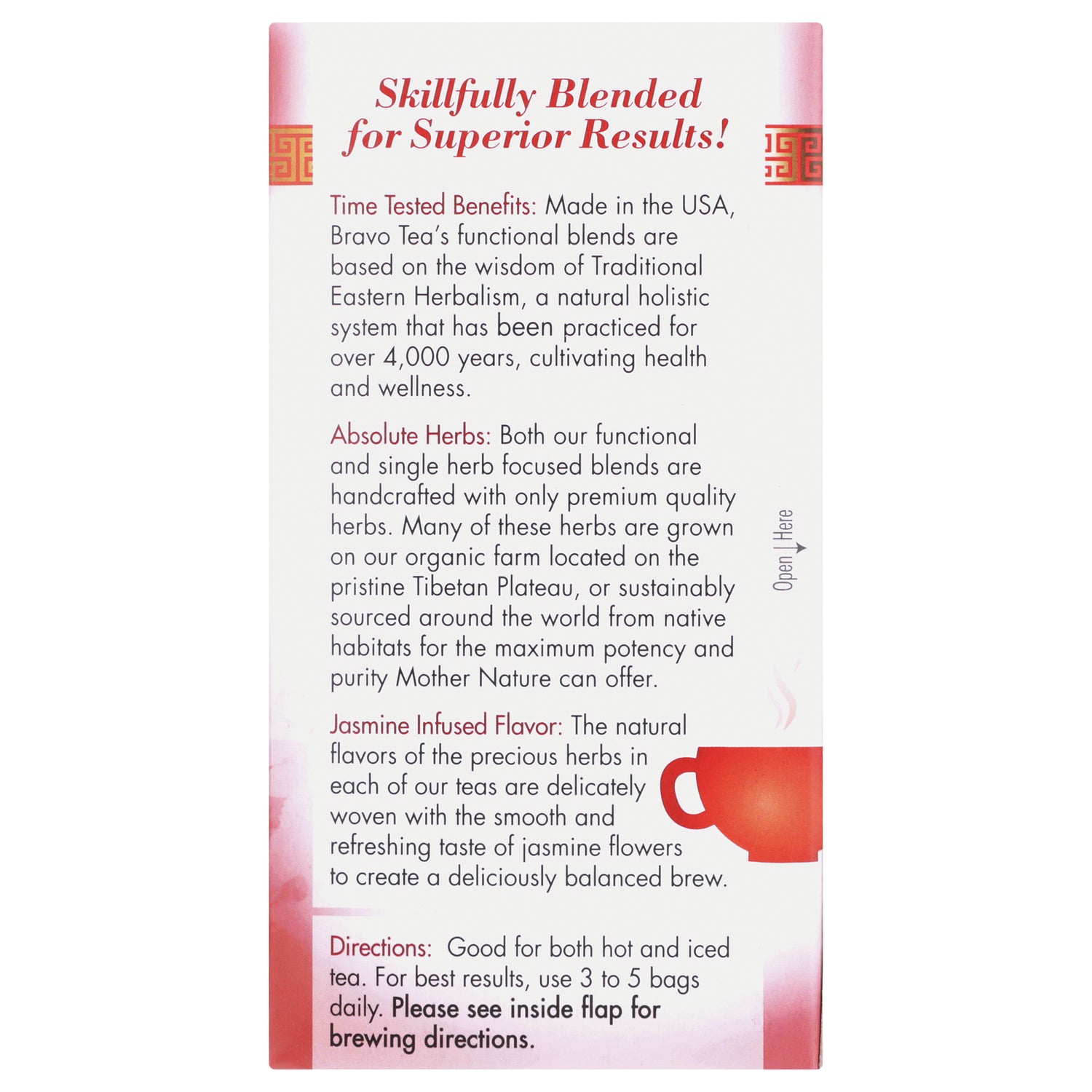 BVT001 | product infographic panel describing skillfully blended tea, herbal sourcing, jasmine infused flavor and brewing directions