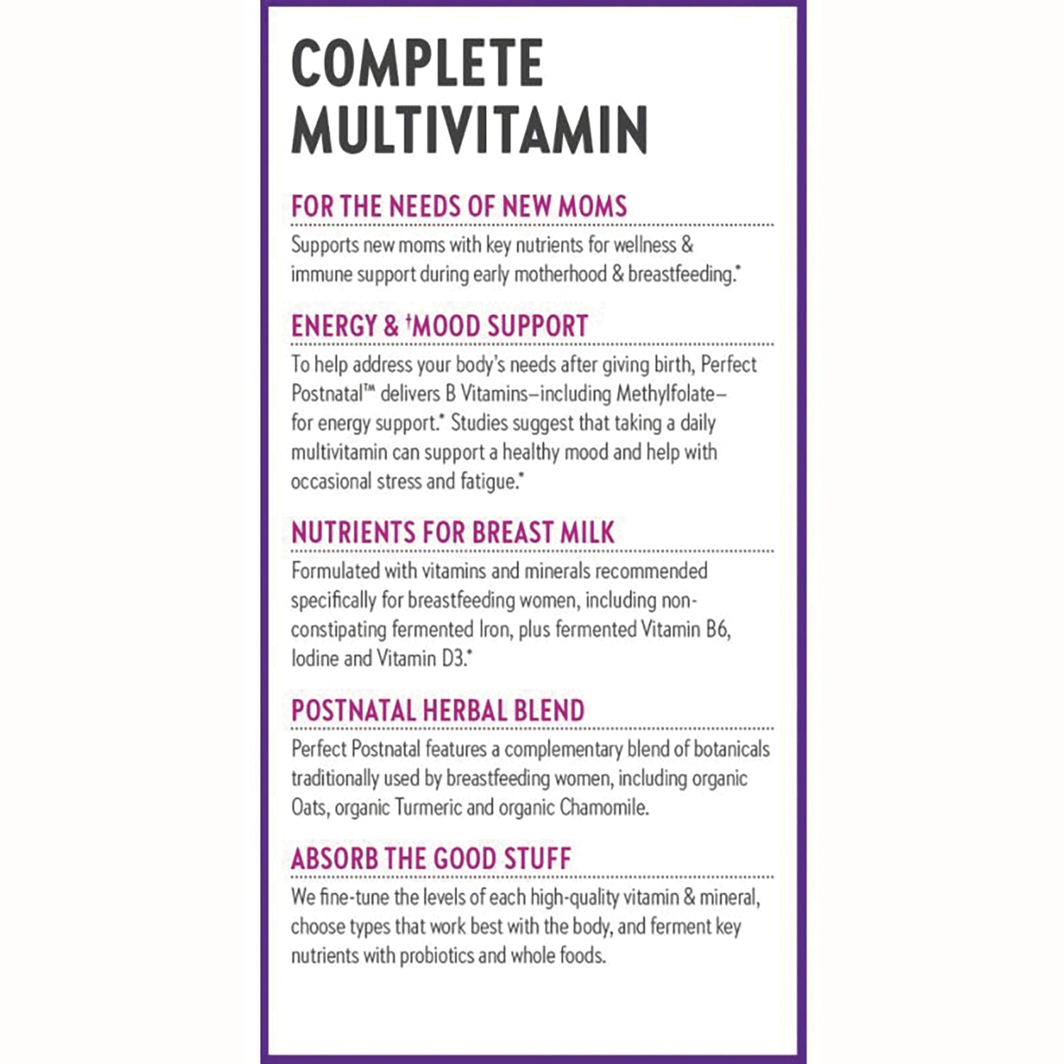 NWC262 | Product infographic titled Complete Multivitamin listing benefits for new moms including energy, breast milk nutrients, herbal blend