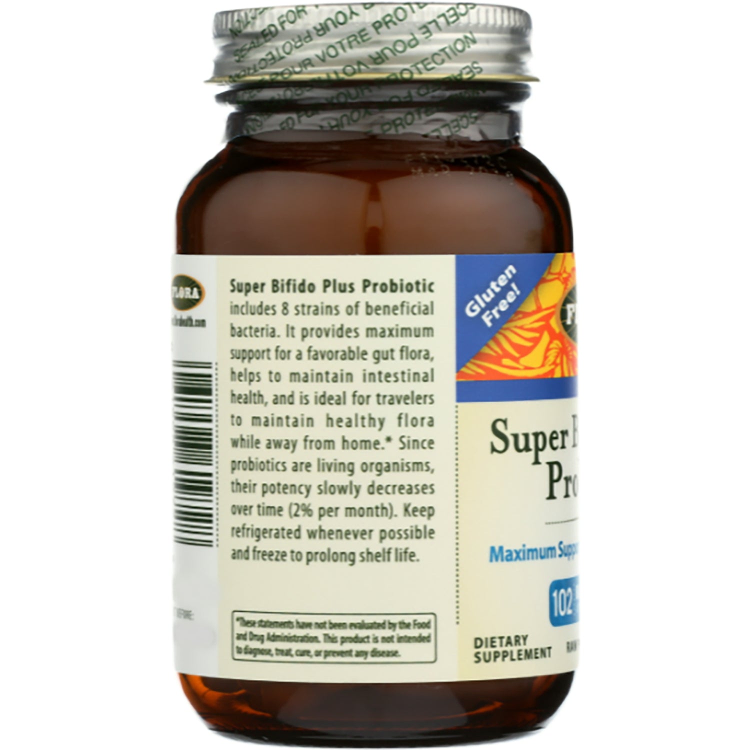 FL096 | Back of brown supplement bottle labeled Super Bifido Plus Probiotic showing storage instructions, barcode and tamper seal