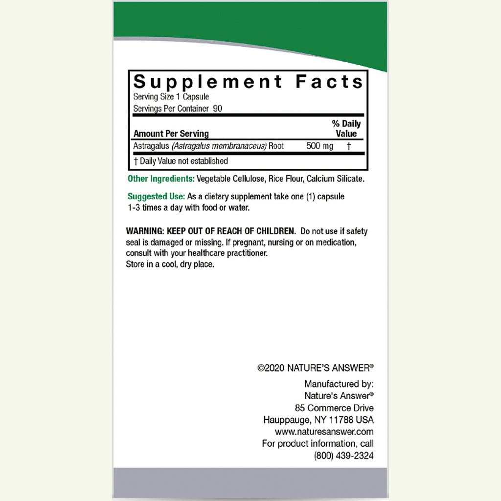 NAT141 | back label with Supplement Facts listing Astragalus 500 mg, other ingredients and warning - Thumbnail