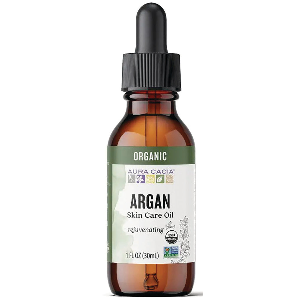 ARC100 | Amber dropper bottle labeled AURA CACIA ARGAN Skin Care Oil, organic, 1 FL OZ (30 mL) - Thumbnail