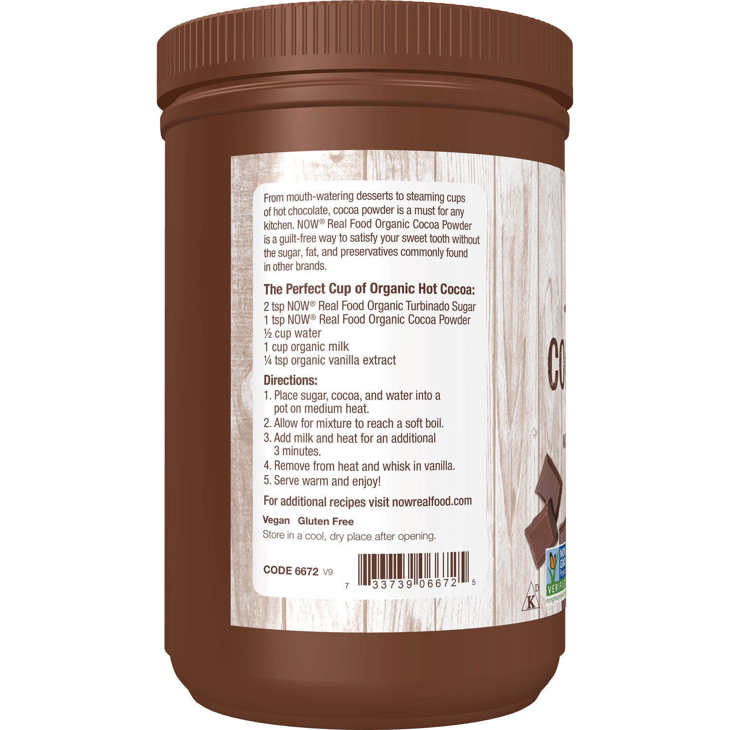 NWF389 | back label of organic cocoa powder jar showing directions, ingredients and barcode