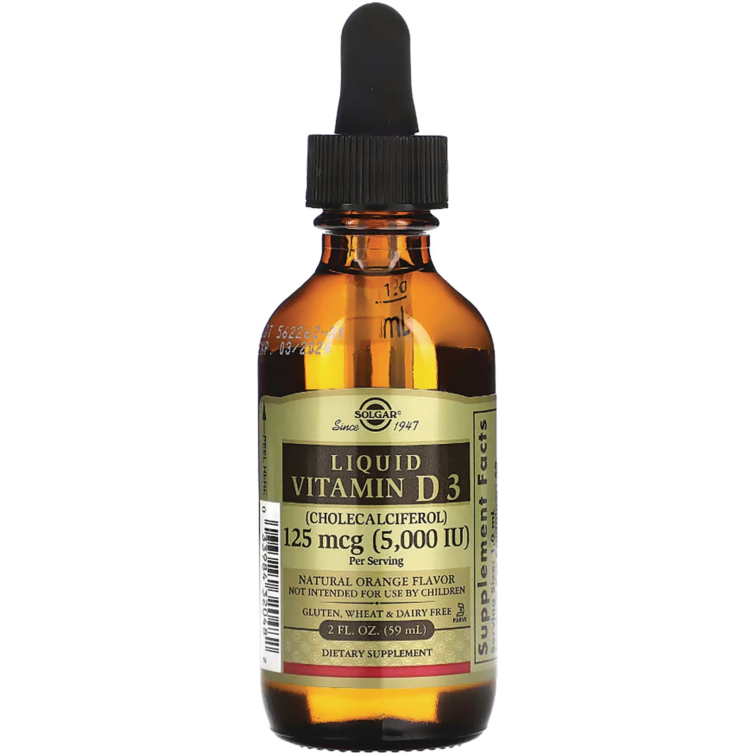SLG315 | amber dropper bottle of Liquid Vitamin D3 125 mcg (5,000 IU) natural orange flavor dietary supplement