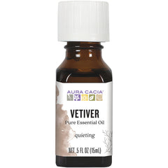 ARC220 | Aura Cacia Vetiver pure essential oil 0.5 fl oz amber bottle with white cap, label reads 'quieting'