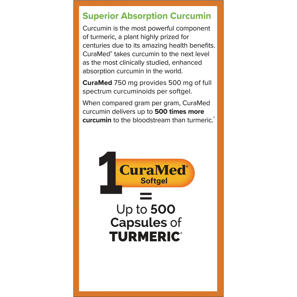 EUR025 | Product infographic stating superior absorption curcumin and one CuraMed softgel equals up to 500 capsules of turmeric - Thumbnail