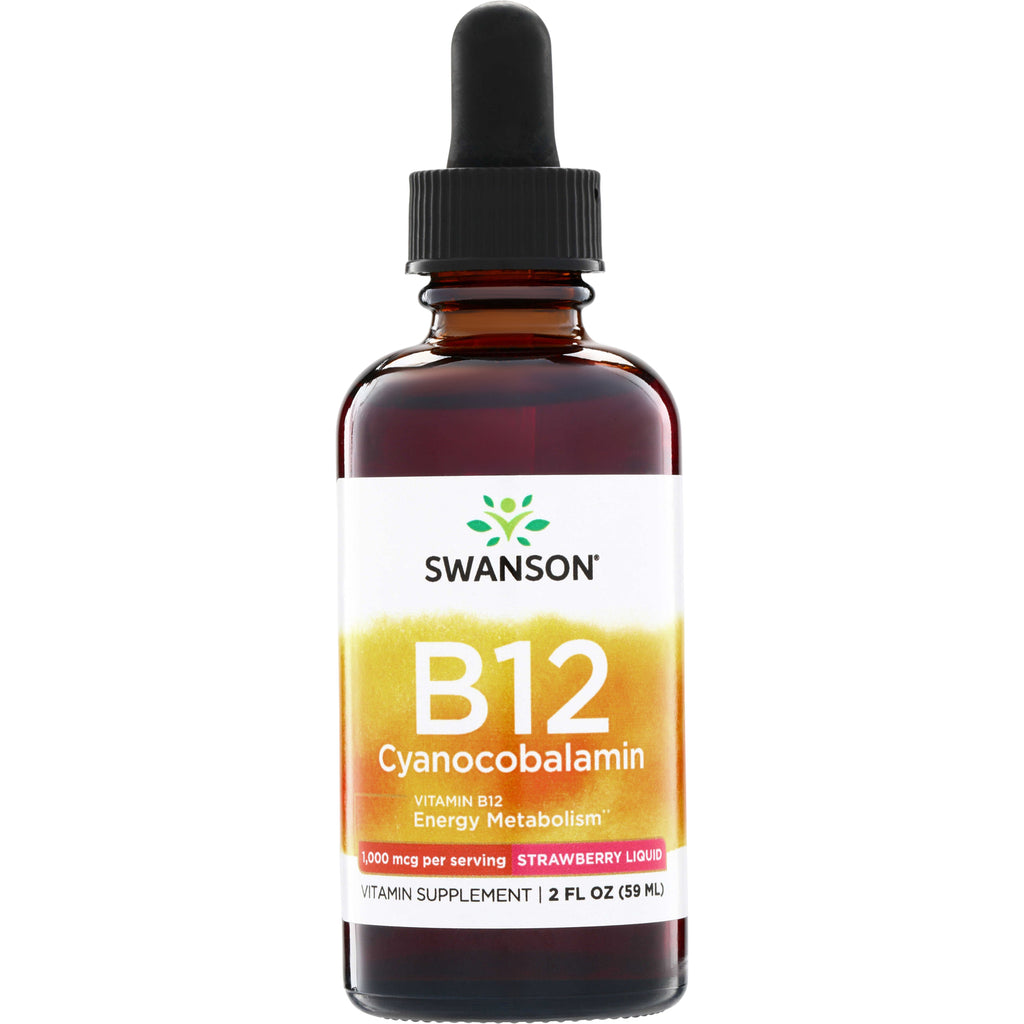 SW1221 | Swanson B12 Cyanocobalamin strawberry liquid, 1000 mcg per serving, 2 fl oz dropper bottle - Thumbnail