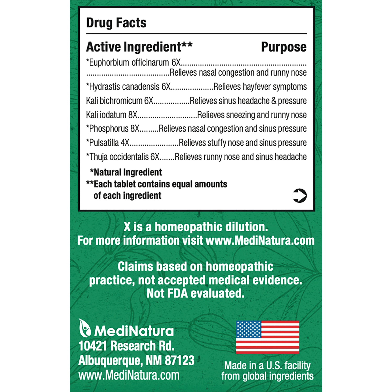 MNA031 | Back panel of green MediNatura box showing drug facts, active ingredients, and company information