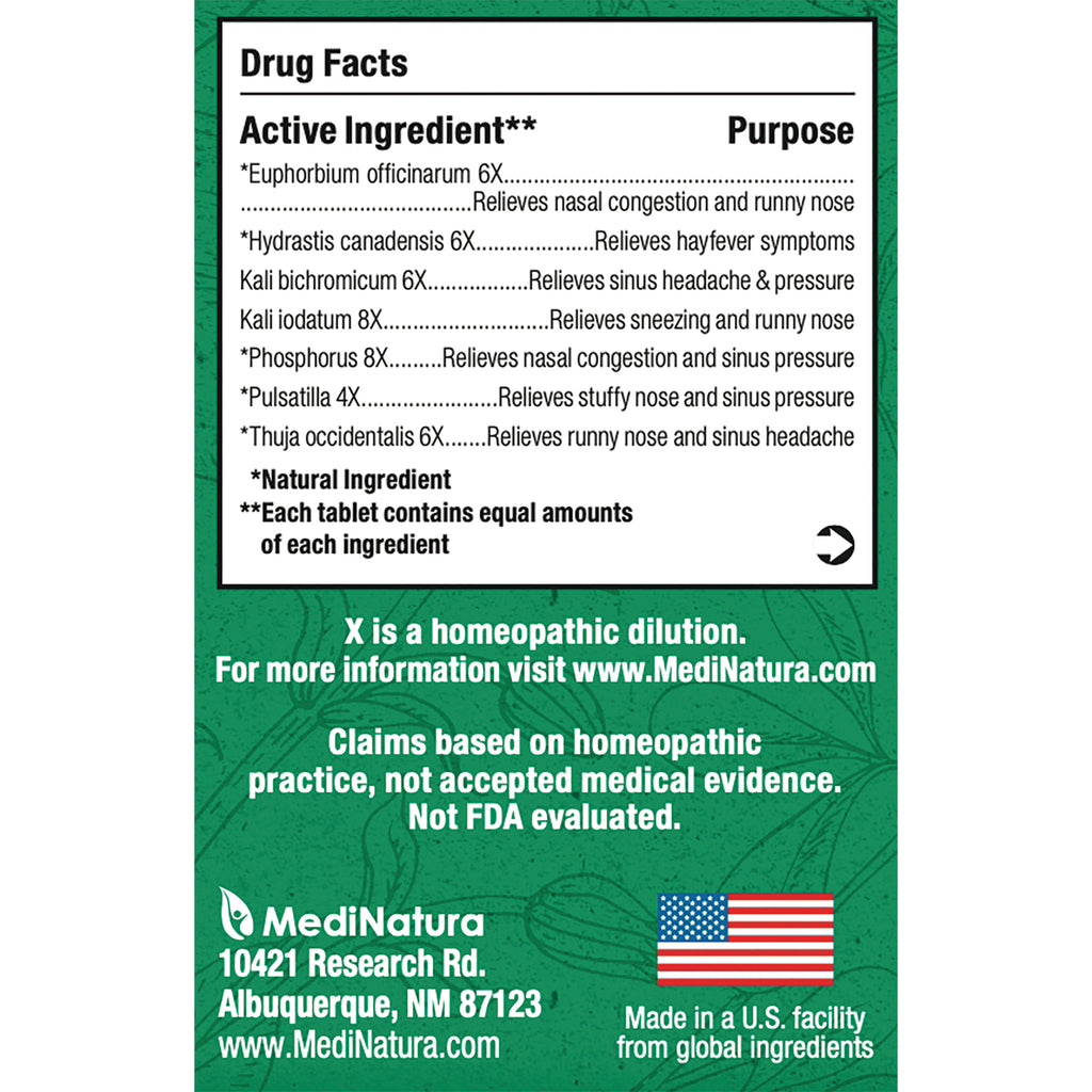 MNA031 | Back panel of green MediNatura box showing drug facts, active ingredients, and company information - Thumbnail