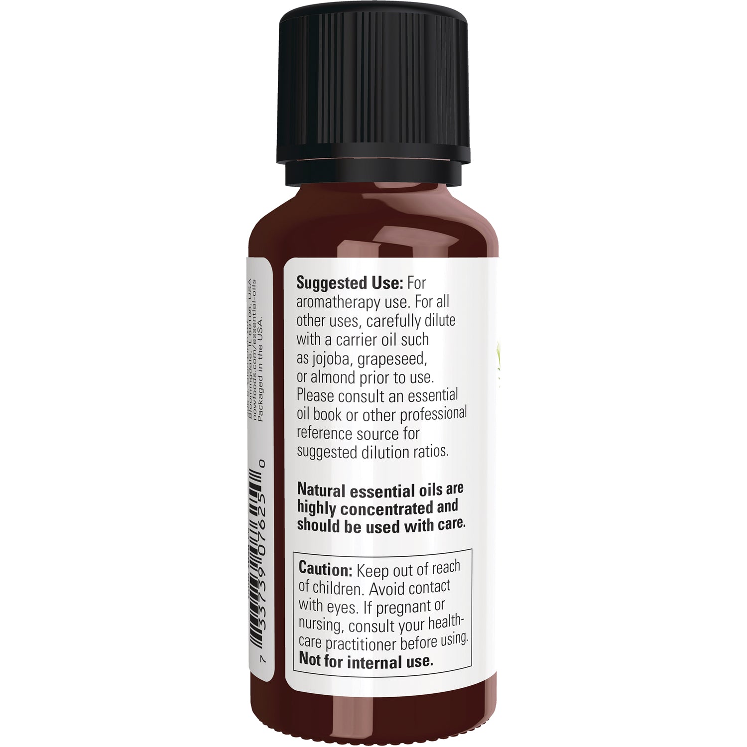 NWF103 | Back label of brown essential oil bottle showing suggested use text, caution box, and barcode