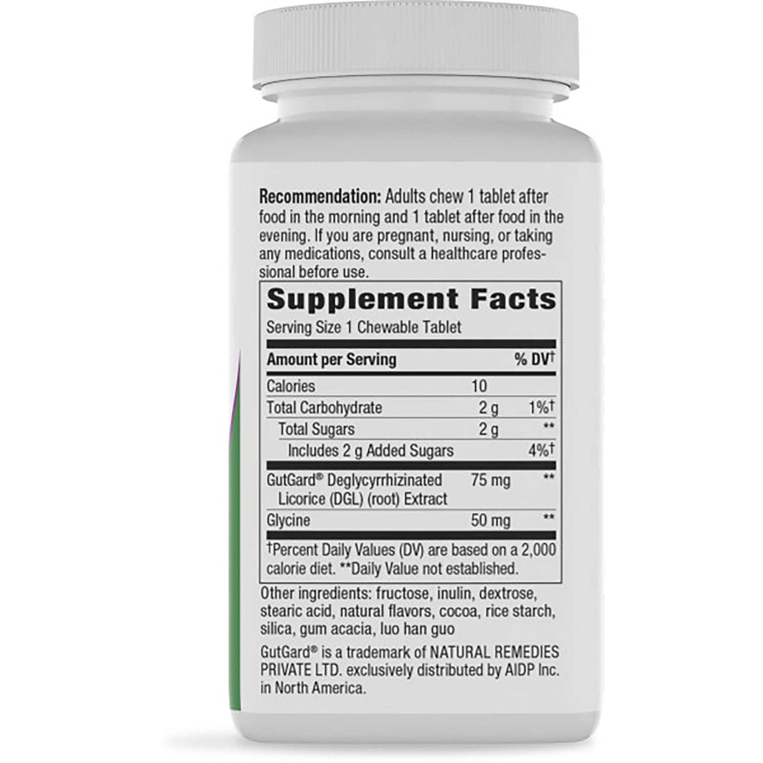 Supplement Facts and ingredient label on back of brown supplement bottle showing serving size and nutrient amounts