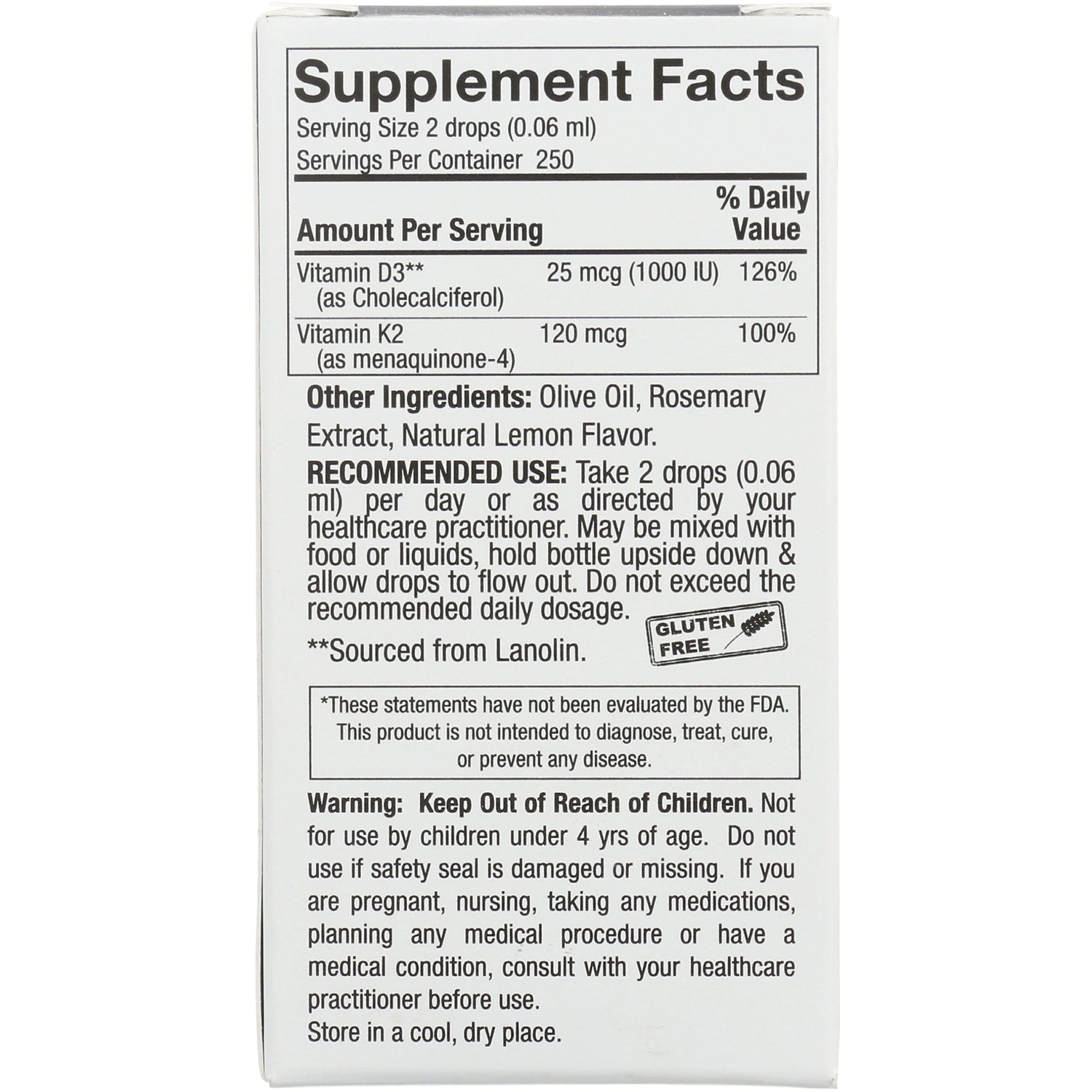 NAT407 | back panel showing Supplement Facts, other ingredients, recommended use and warnings