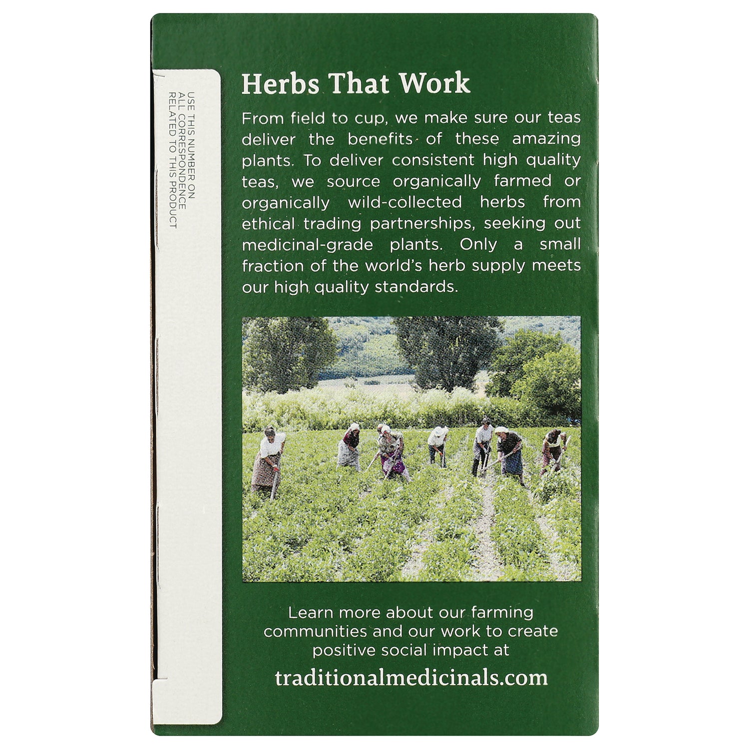 TMD050 | Herbs That Work panel with sourcing text, farm photo of people harvesting, traditionalmedicinals.com