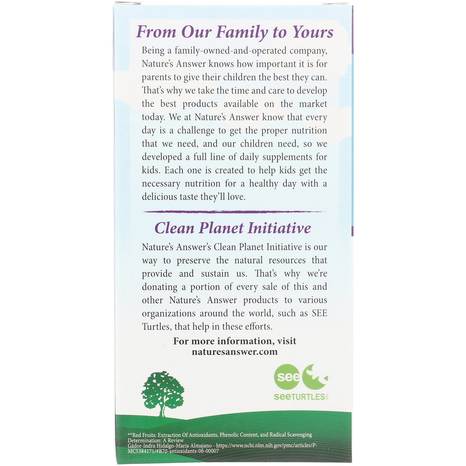 NAT404 | product infographic panel reading From Our Family to Yours and Clean Planet Initiative with website and logo