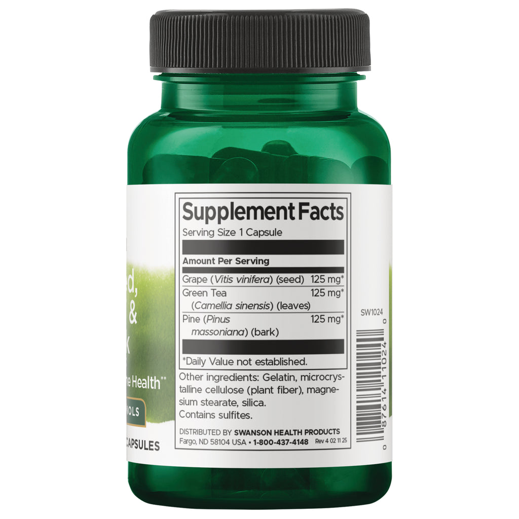 SW1024 | Back label with Supplement Facts: serving size 1 capsule; grape seed, green tea, pine bark; barcode - Thumbnail