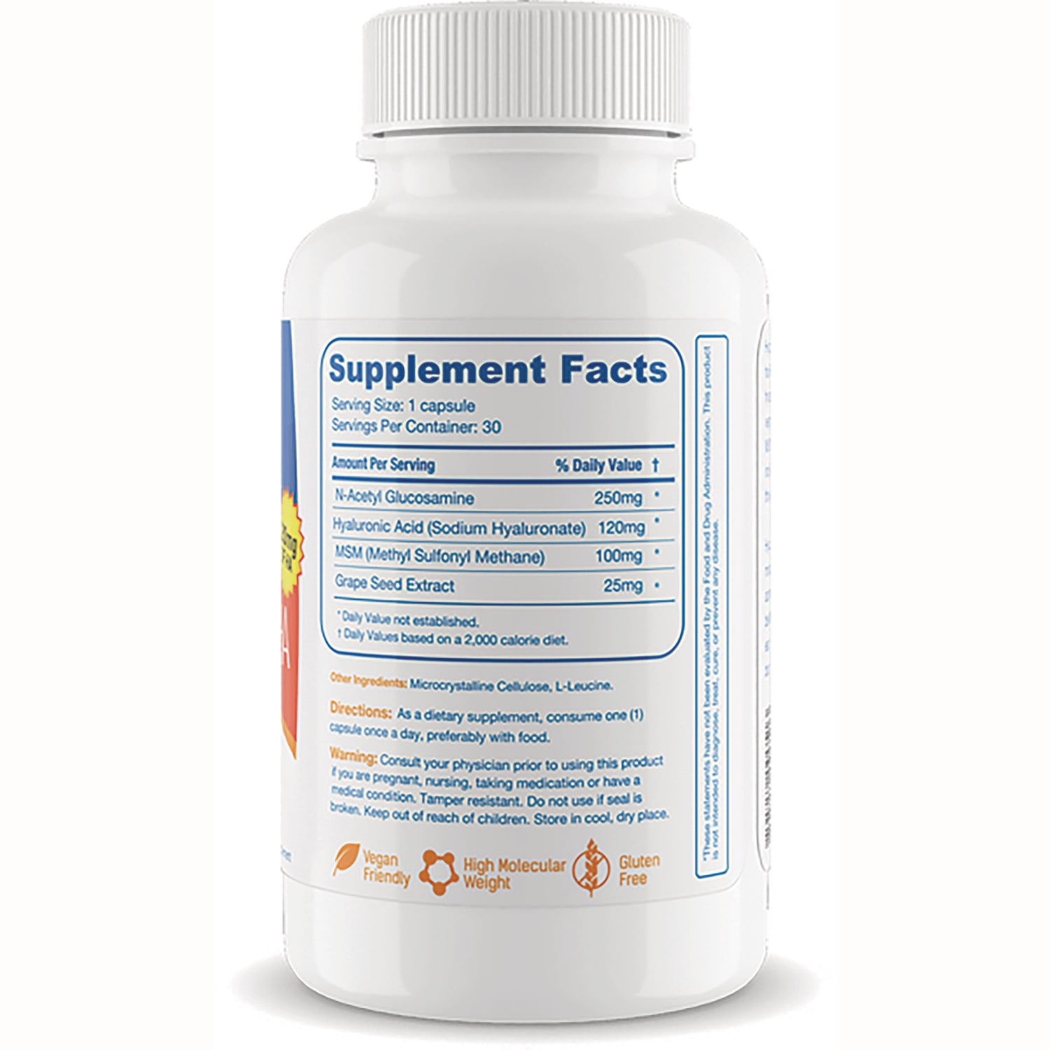 HYL014 | Back label of white supplement bottle showing Supplement Facts panel, ingredients, directions, and vegan and gluten free icons