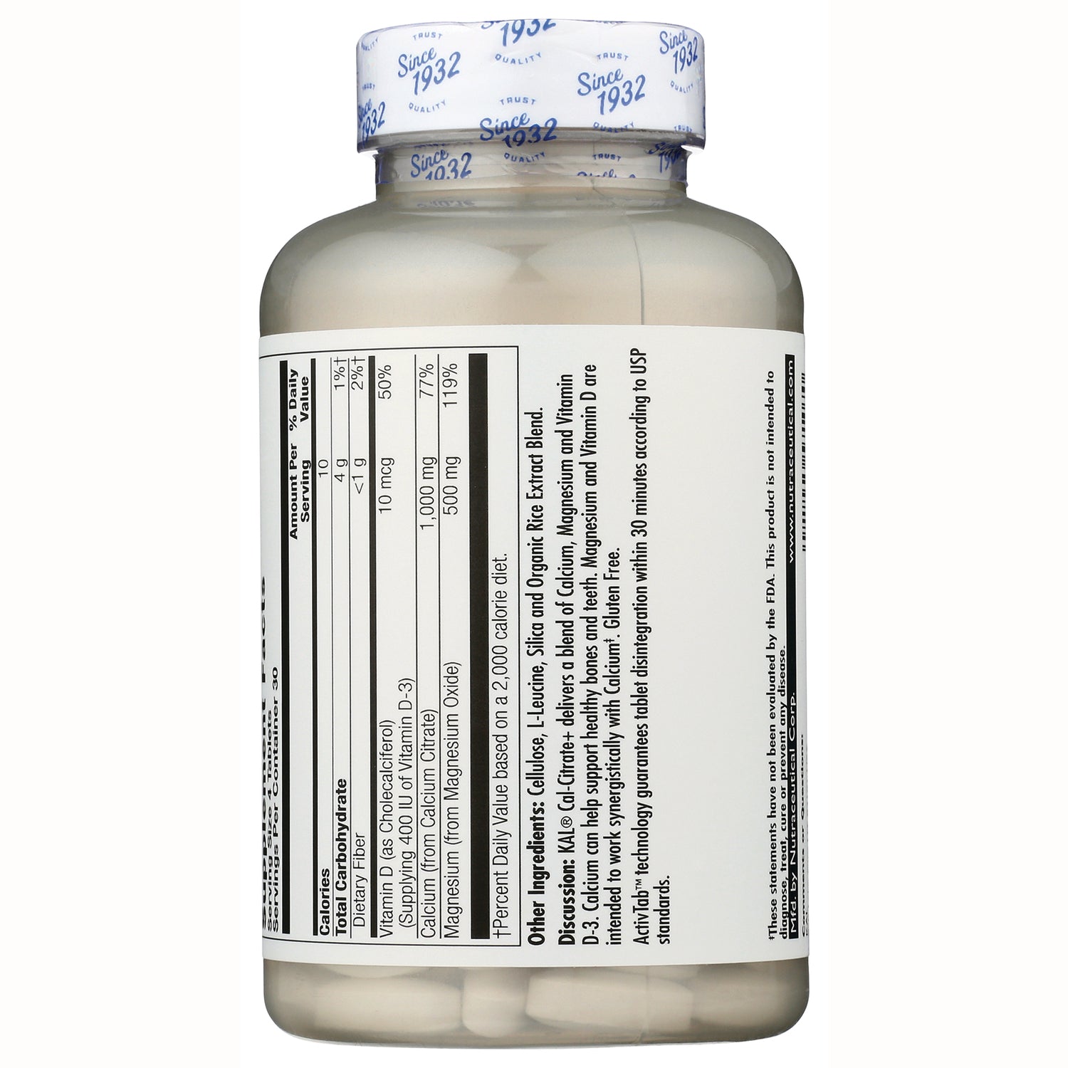 Back of supplement bottle showing nutrition facts panel and ingredient list with white tablets visible through clear bottle