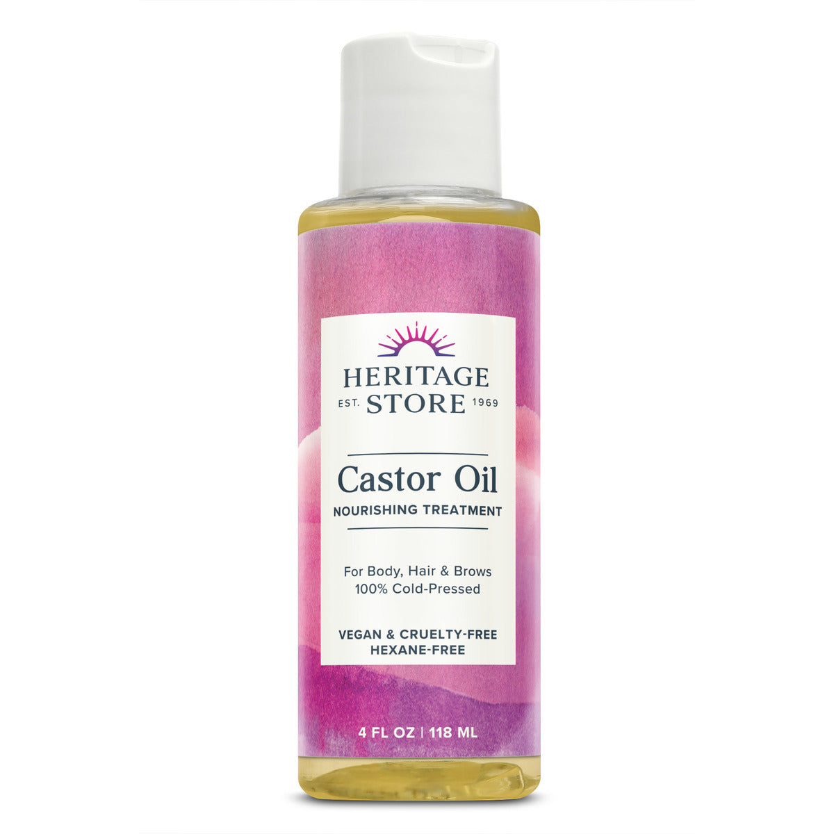 HTG023 | Heritage Store Castor Oil nourishing treatment bottle, 4 fl oz, pink label reading Castor Oil and vegan & cruelty-free