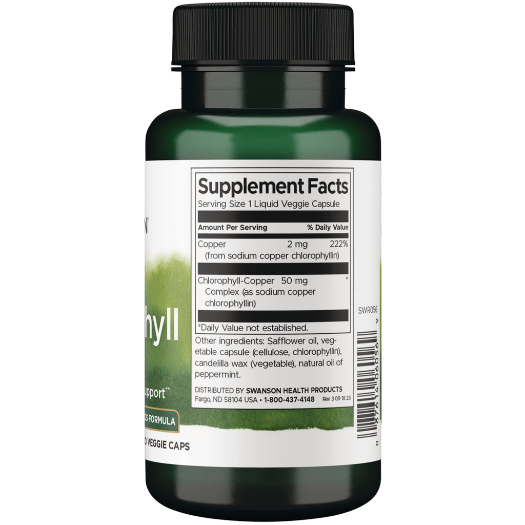 SWR056 | Back label with Supplement Facts: Serving Size 1 Liquid Veggie Capsule; Copper 2 mg; Chlorophyll-Copper Complex 50 mg - Thumbnail