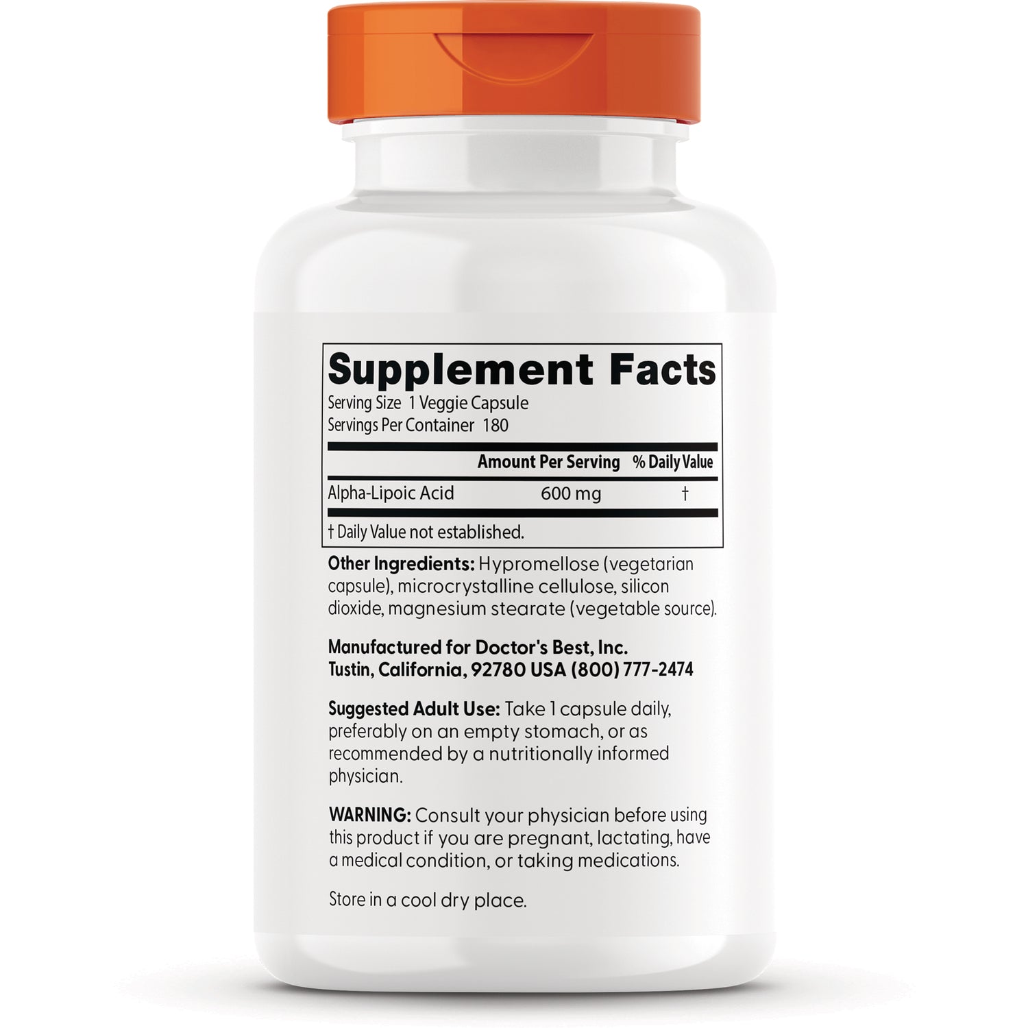DB190 | Back label showing Supplement Facts panel with Alpha-Lipoic Acid 600 mg, other ingredients, suggested use and warning