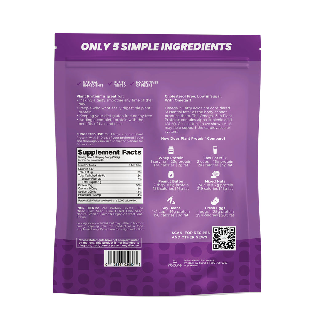 PVG003 | Back of purple plant protein pouch showing supplement facts, ingredient list, nutrition details and QR code - Thumbnail