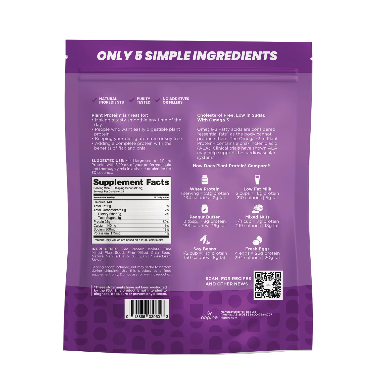 PVG003 | Back of purple plant protein pouch showing supplement facts, ingredient list, nutrition details and QR code