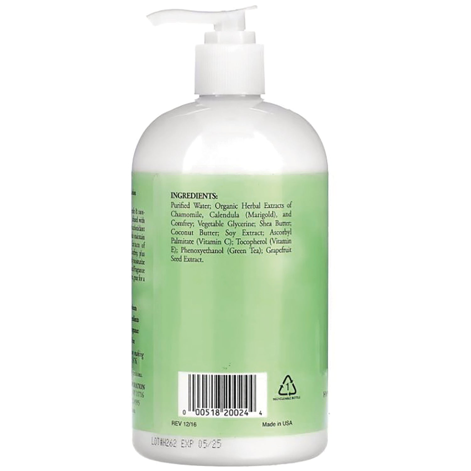 RBR002 | back of white pump bottle with green label showing ingredients list and barcode