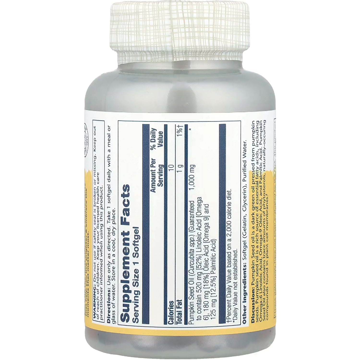 SLR396 | Back label showing supplement facts panel and ingredients on a clear supplement bottle