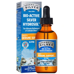 SSL007 | Sovereign Silver Bio-Active Silver Hydrosol Daily+ Immune Support 10 PPM dropper bottle and box