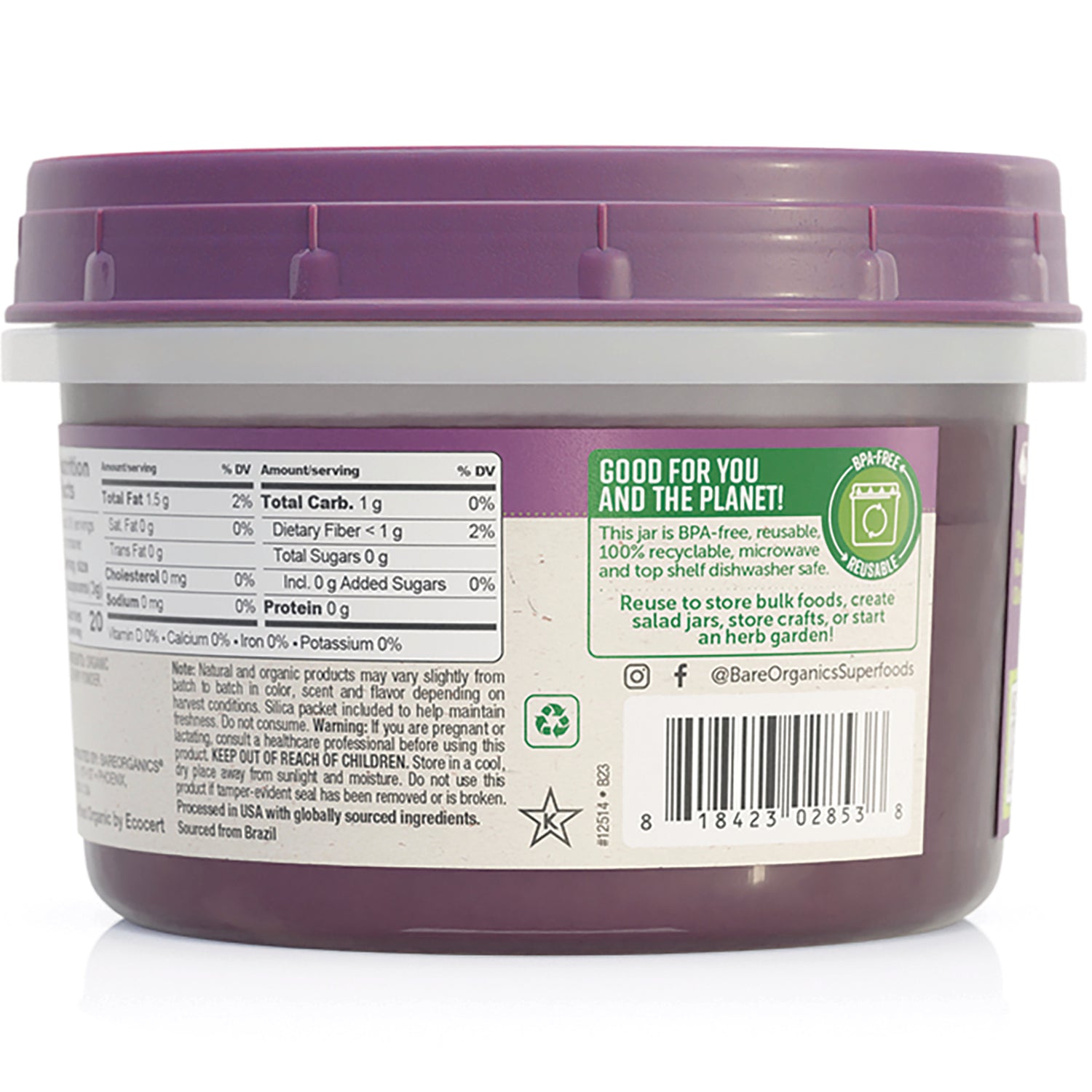 BOR009 | Back of purple jar showing nutrition facts, recycling symbols, barcode, and Good for You and the Planet label