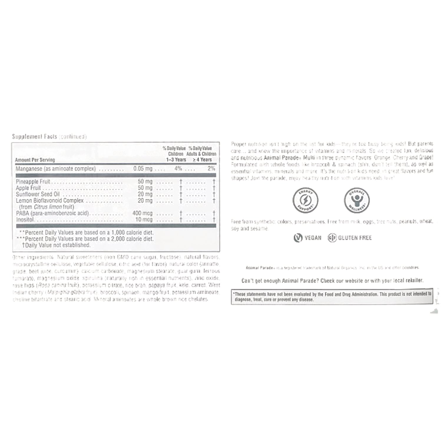 NTP044 | product infographic showing supplement facts table, ingredients list, and vegan and gluten free icons