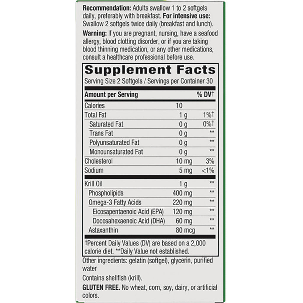 NW613 | Supplement Facts panel: serving size 2 softgels, 10 calories, krill oil 1 g, omega-3 220 mg (EPA 120 mg, DHA 60 mg), contains shellfish, gluten free - Thumbnail