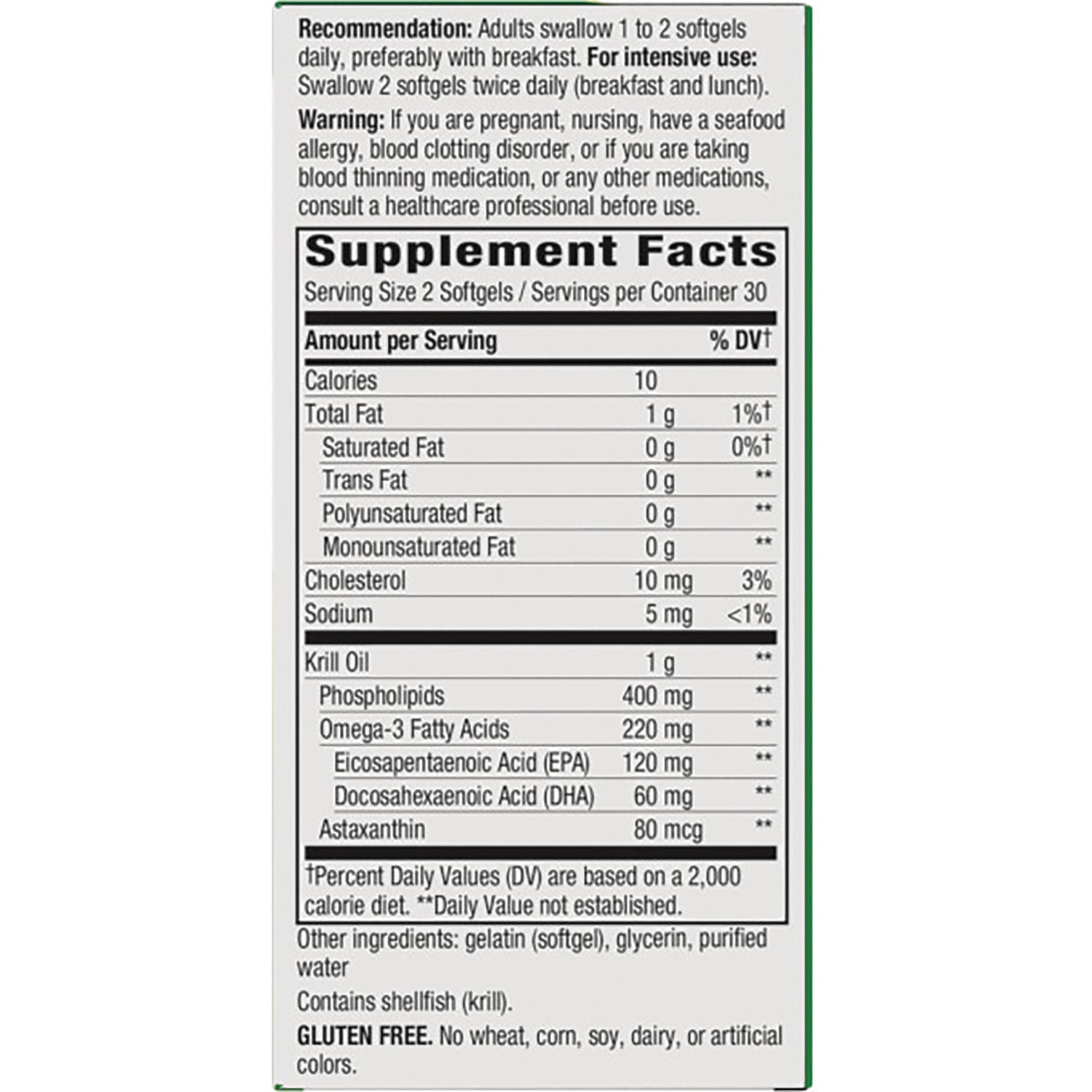 NW613 | Supplement Facts panel: serving size 2 softgels, 10 calories, krill oil 1 g, omega-3 220 mg (EPA 120 mg, DHA 60 mg), contains shellfish, gluten free