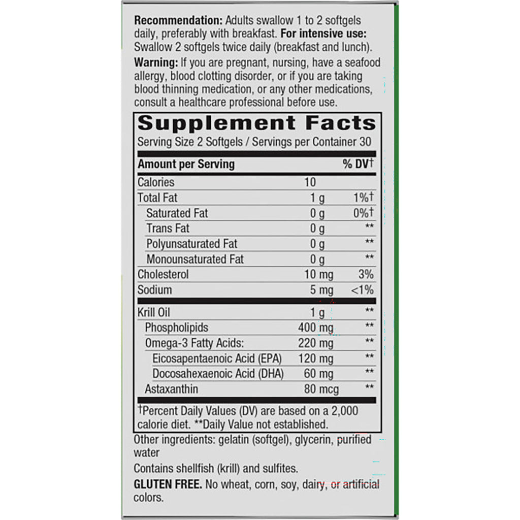 NW613 | Supplement Facts panel: serving size 2 softgels, 10 calories, krill oil 1 g, omega-3 220 mg (EPA 120 mg, DHA 60 mg), contains shellfish, gluten free - Thumbnail