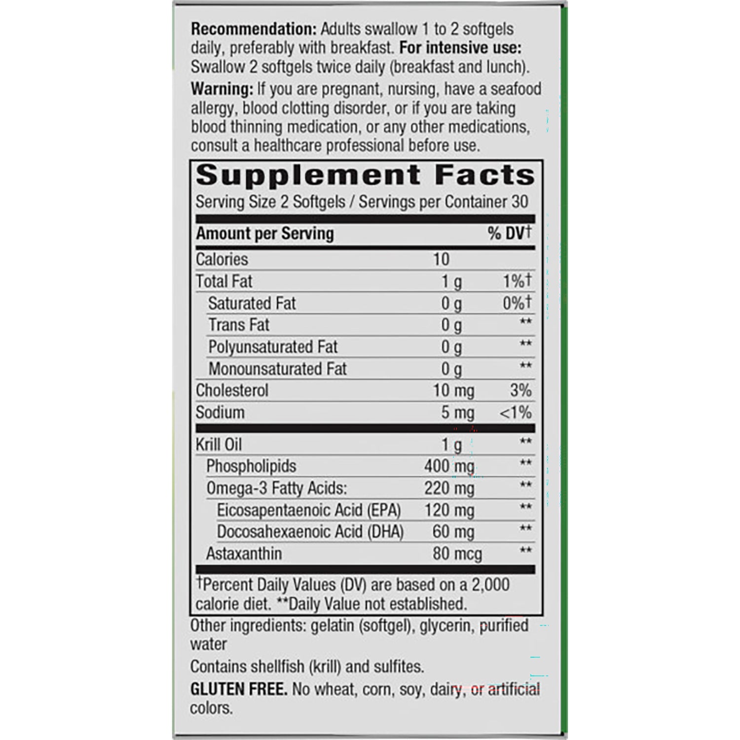 NW613 | Supplement Facts panel: serving size 2 softgels, 10 calories, krill oil 1 g, omega-3 220 mg (EPA 120 mg, DHA 60 mg), contains shellfish, gluten free