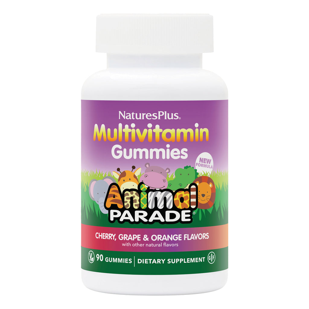 NTP349 | NaturesPlus Multivitamin Gummies Animal Parade bottle showing label Cherry, Grape & Orange flavors, 90 gummies - Thumbnail