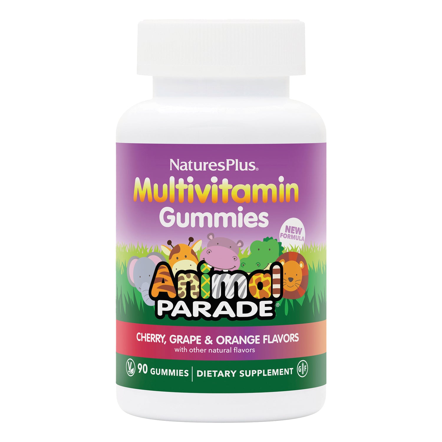NTP349 | NaturesPlus Multivitamin Gummies Animal Parade bottle showing label Cherry, Grape & Orange flavors, 90 gummies