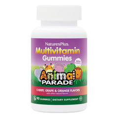 NTP349 | NaturesPlus Multivitamin Gummies Animal Parade bottle showing label Cherry, Grape & Orange flavors, 90 gummies