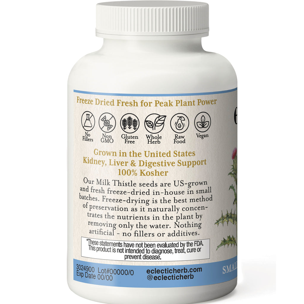 EC032 | back label of white supplement bottle reading Grown in the United States Kidney, Liver & Digestive Support 100% Kosher and small-print product information - Thumbnail