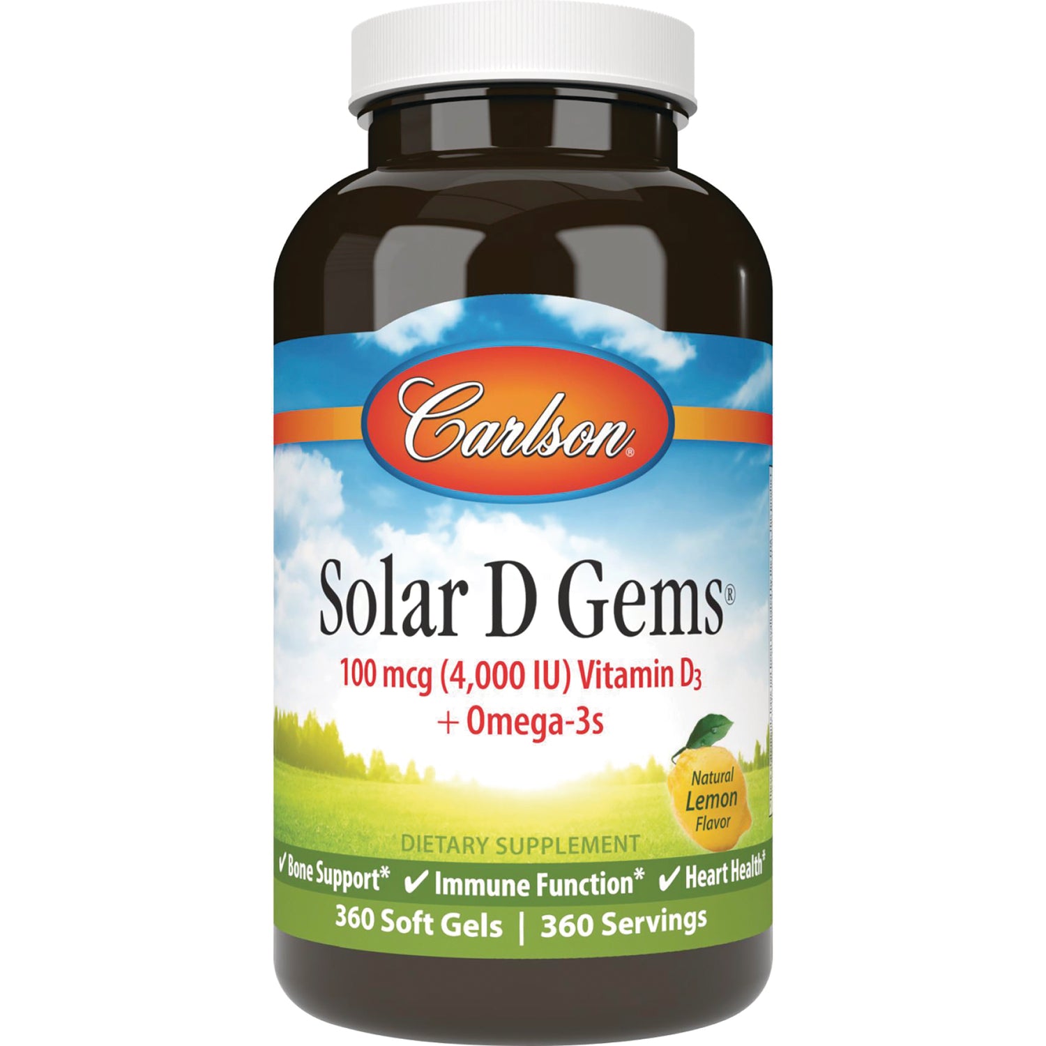 CSN181 | Carlson Solar D Gems 4,000 IU Vitamin D3 + Omega-3s soft gels bottle, natural lemon flavor, 360 count