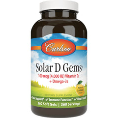 CSN181 | Carlson Solar D Gems 4,000 IU Vitamin D3 + Omega-3s soft gels bottle, natural lemon flavor, 360 count