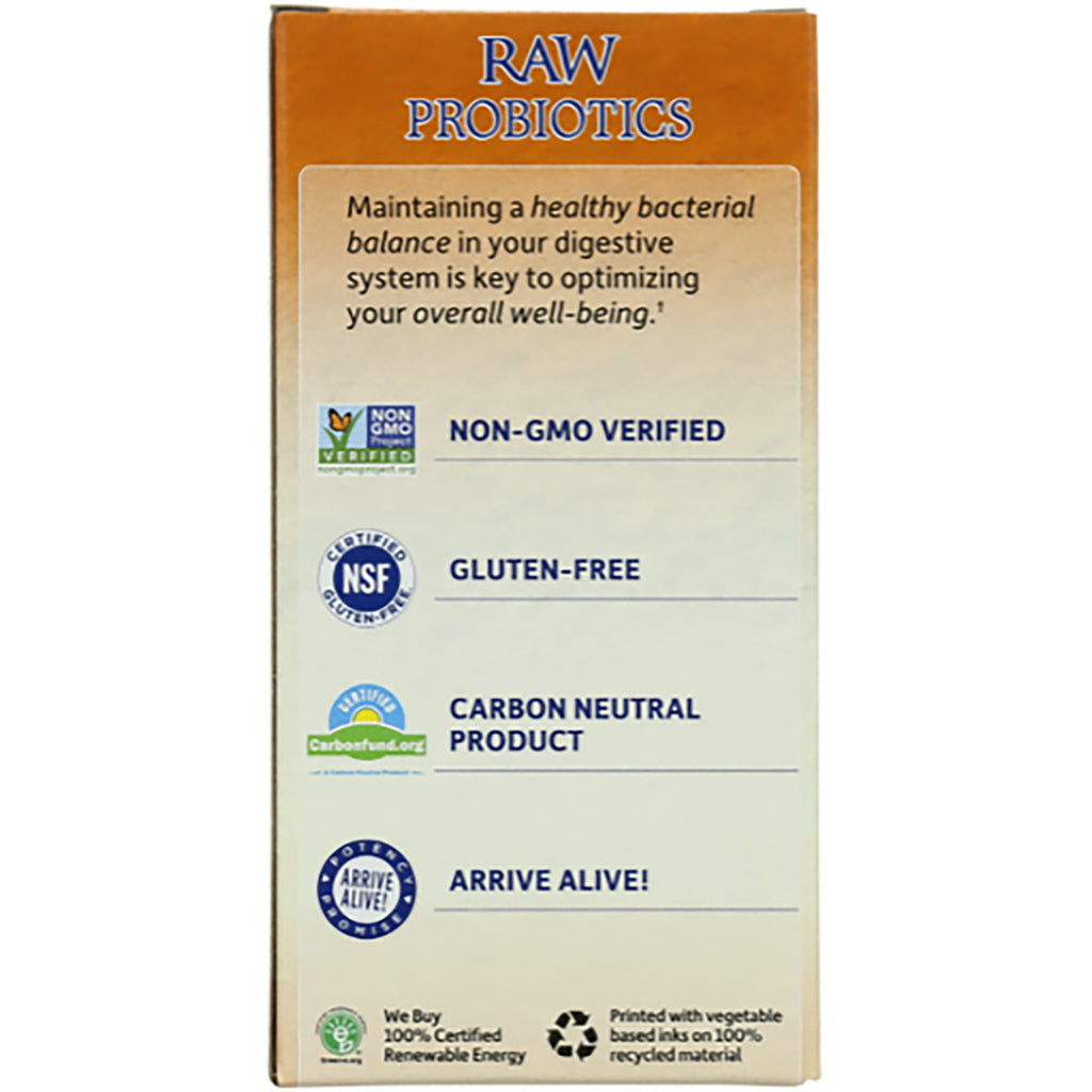 GLF153 | Product infographic titled RAW PROBIOTICS with blurb and badges: NON-GMO VERIFIED; GLUTEN-FREE; CARBON NEUTRAL PRODUCT; ARRIVE ALIVE! - Thumbnail