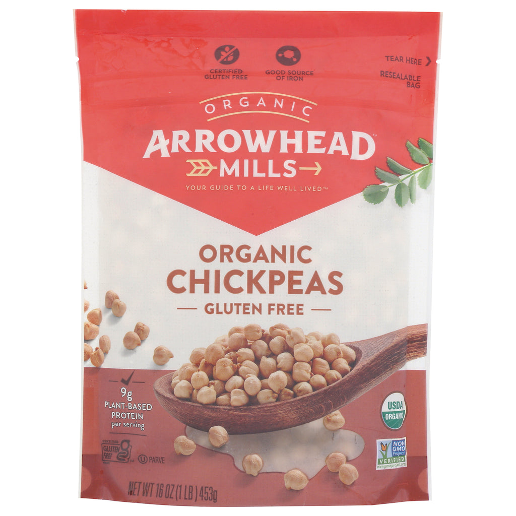 AHM070 | Arrowhead Mills organic chickpeas resealable bag, front packaging reading \ - Thumbnail
