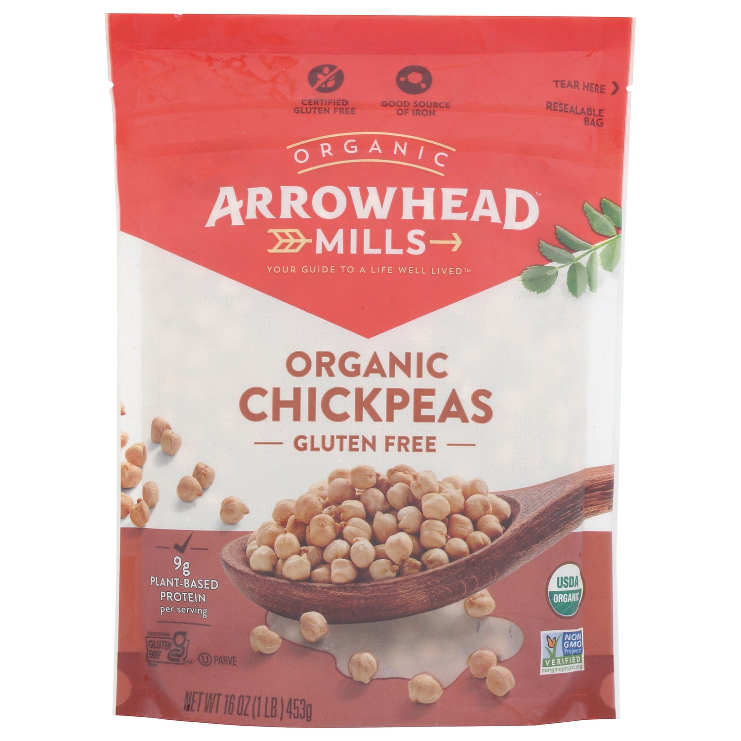 AHM070 | Arrowhead Mills organic chickpeas resealable bag, front packaging reading \