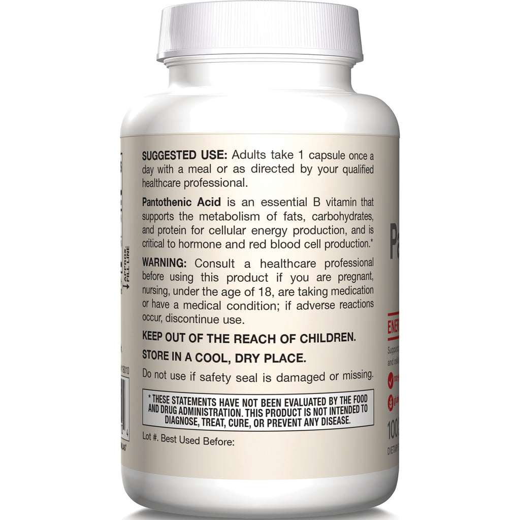 JR336 | Back label of supplement bottle showing suggested use, pantothenic acid description, warnings, and storage instructions - Thumbnail