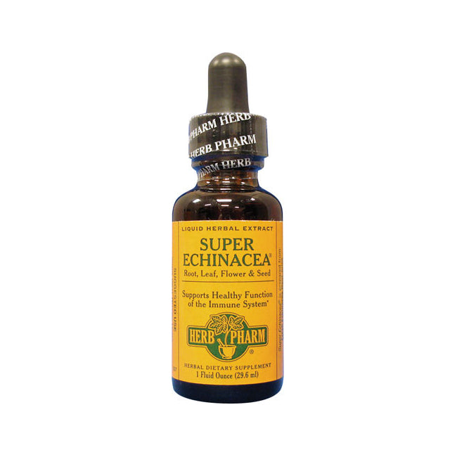 HPH033 | Amber dropper bottle with yellow label reading SUPER ECHINACEA Herb Pharm liquid herbal extract 1 fl oz