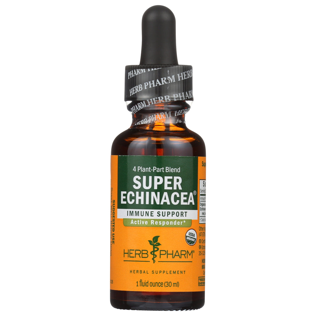HPH033 | Amber dropper bottle with yellow label reading SUPER ECHINACEA Herb Pharm liquid herbal extract 1 fl oz - Thumbnail