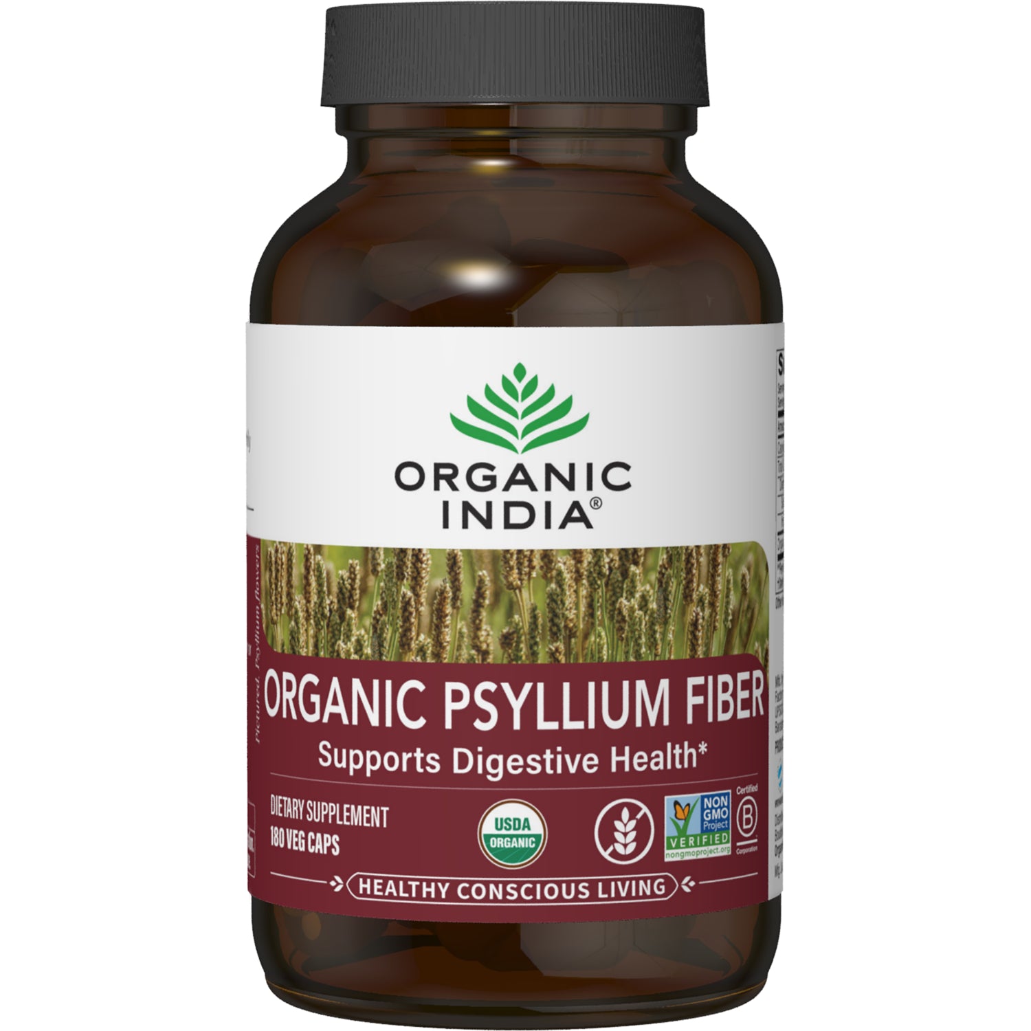RGN097 | Organic India bottle with front label reading ORGANIC PSYLLIUM FIBER, supports digestive health, 180 veg caps