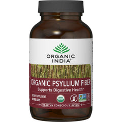 RGN097 | Organic India bottle with front label reading ORGANIC PSYLLIUM FIBER, supports digestive health, 180 veg caps