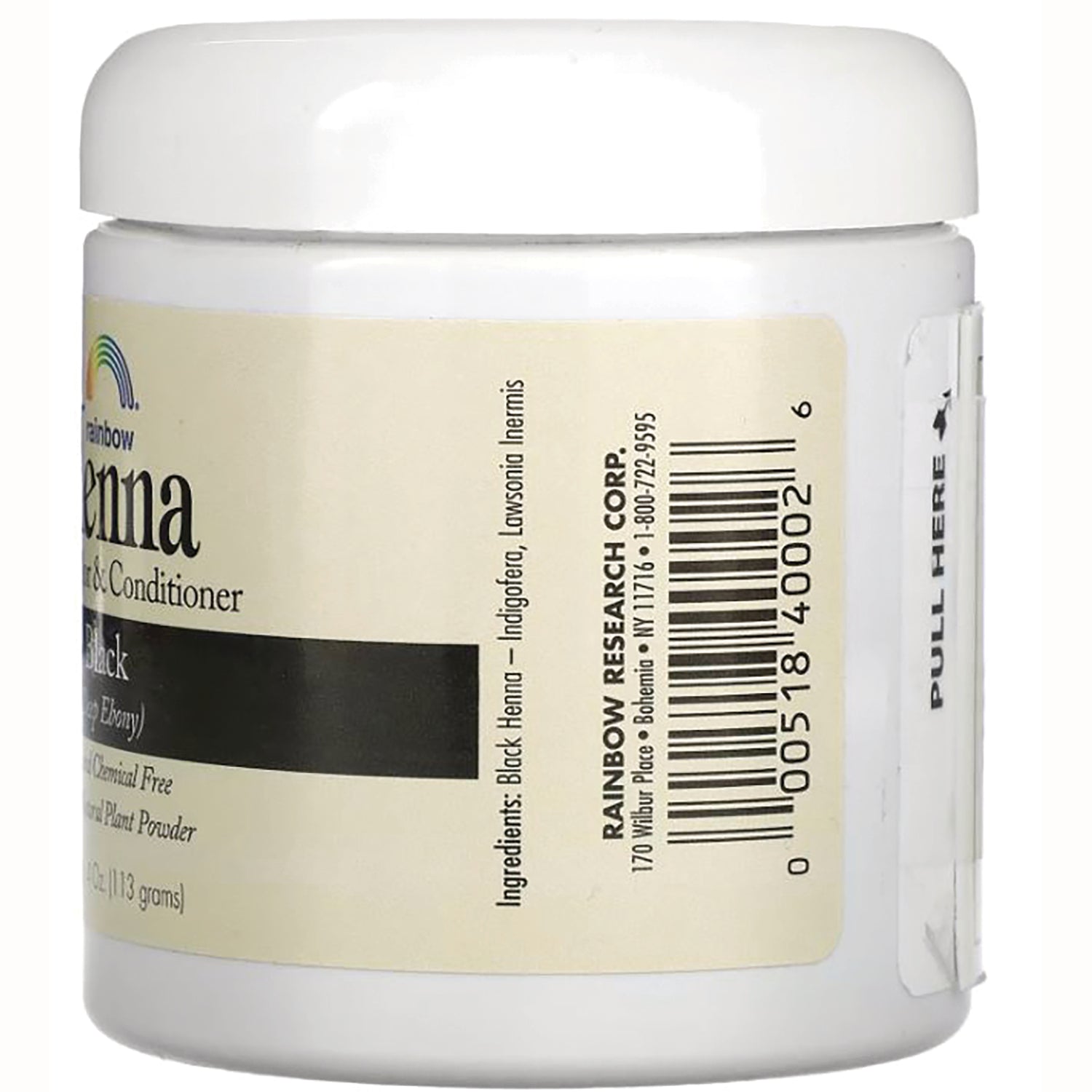 RBR027 | Back of white jar showing product label with barcode, ingredients list, and PULL HERE tab