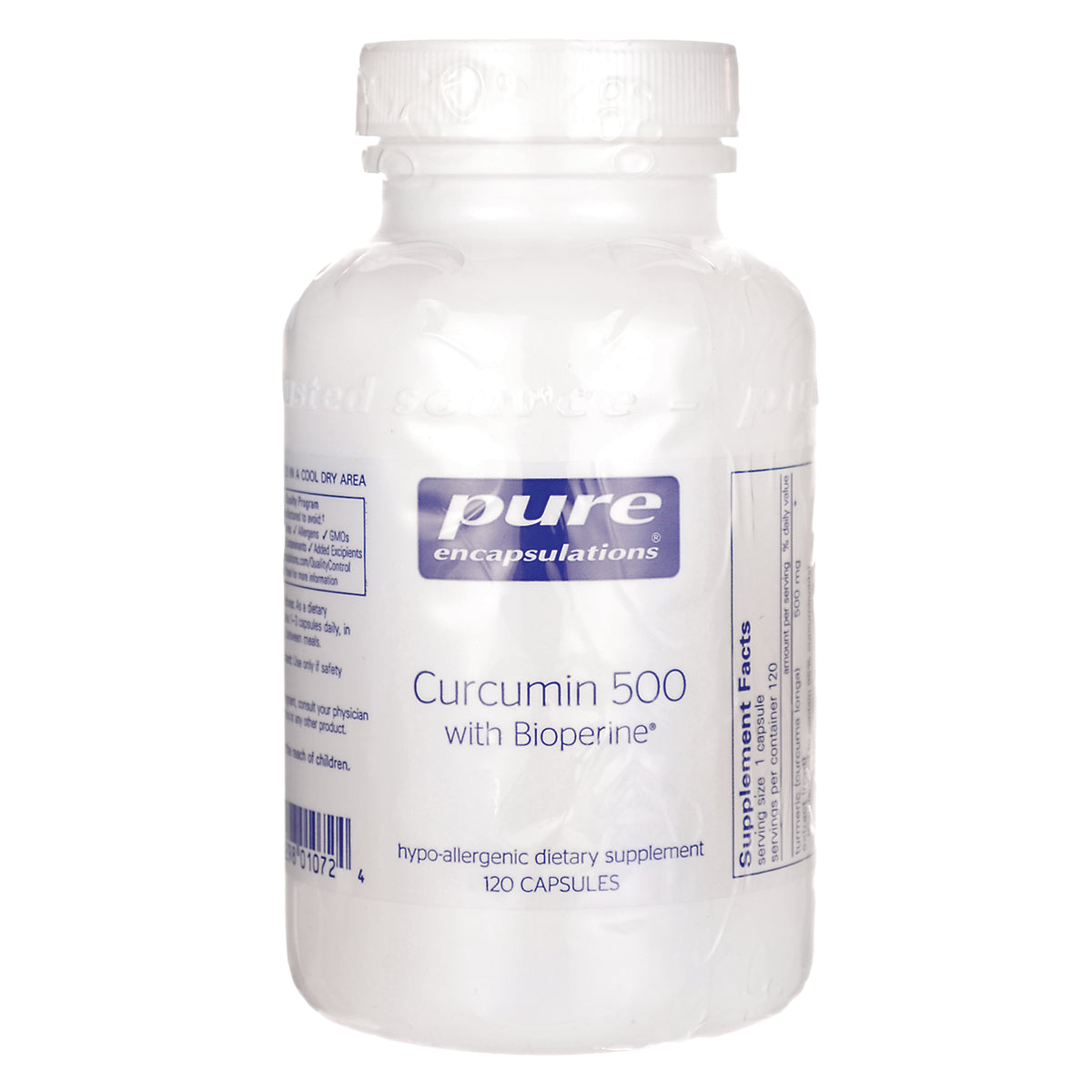 PRN149 | white bottle labeled pure encapsulations Curcumin 500 with Bioperine, 120 capsules